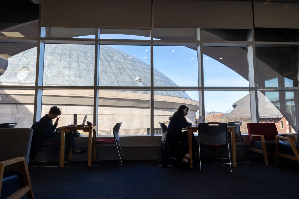 UConn students study on the second floor of the UConn Bookstore during the first day of finals week on Monday, Dec. 8, 2025.